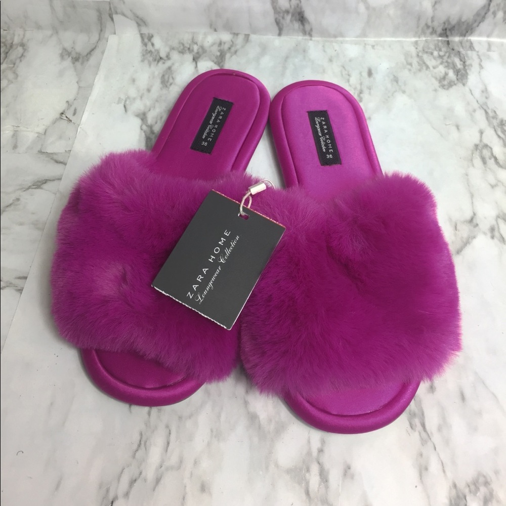 Zara Hot Pink Fluffy Slippers Size 6